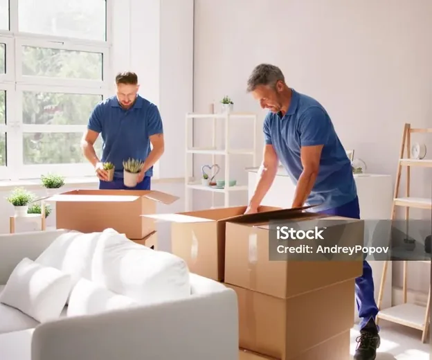 Movers carefully unpacking in new home